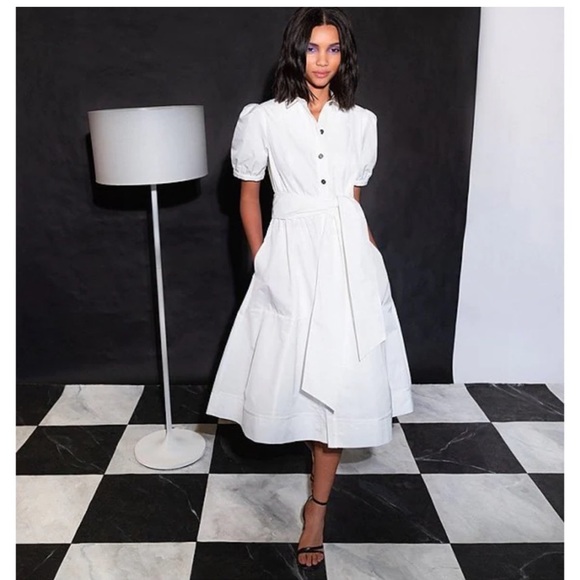 LDT Dresses & Skirts - NWT LDT Alexandra Short Sleeve Button Down Midi Dress White